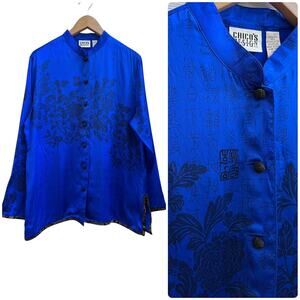 Vintage Chico’s Silk Asian Print Mandarin Collar Button Blouse Tunic Large